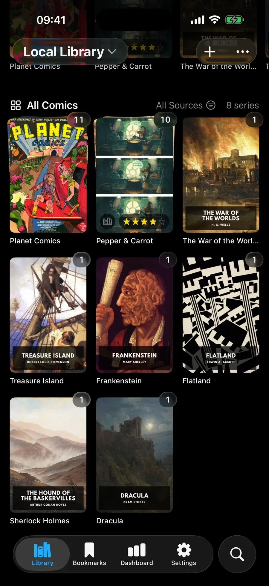 The Terrazzo library grid on iPhone, showing comic covers with reading-progress badges.