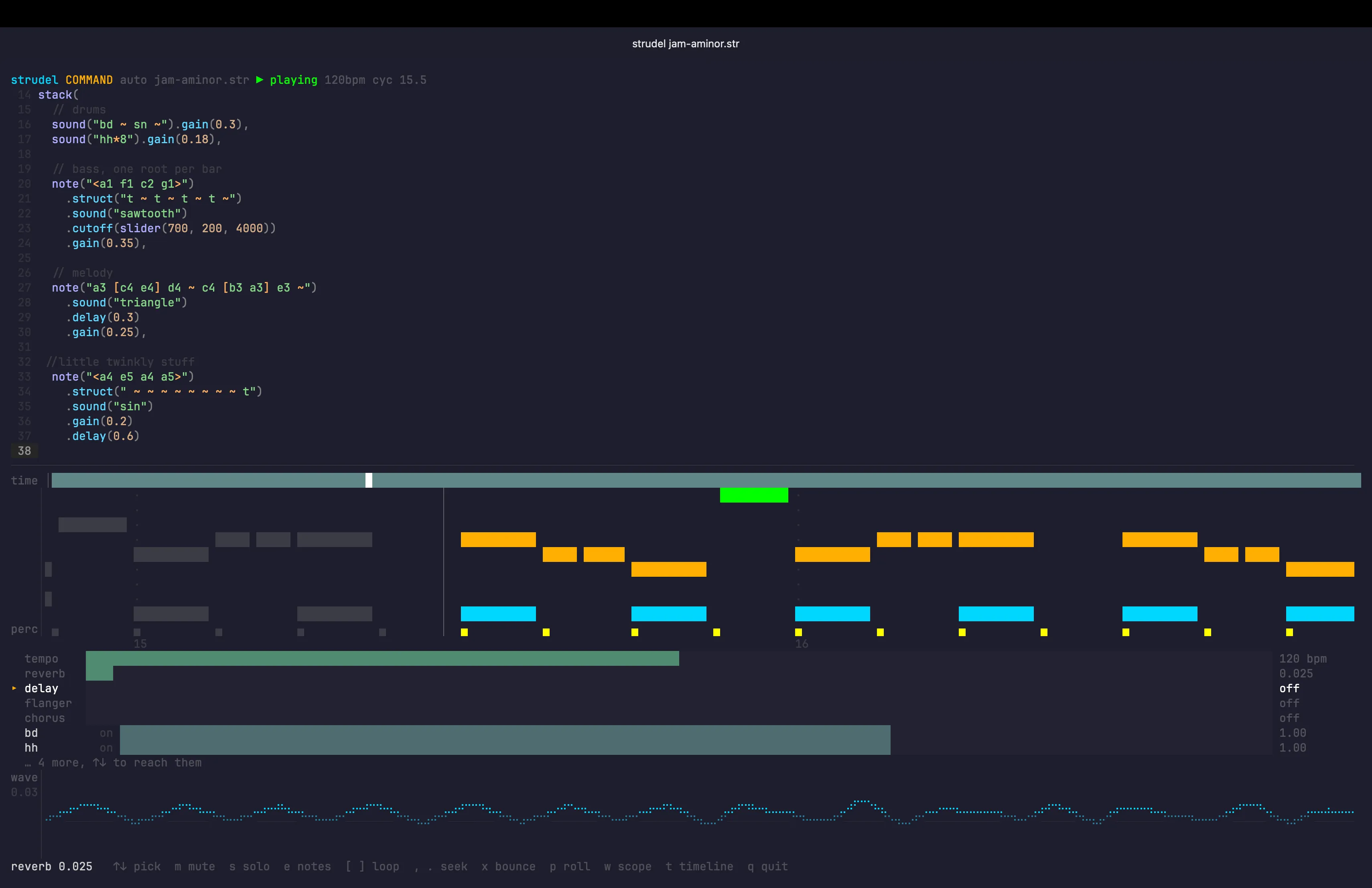 strudel-term running in a terminal, showing the code pane, a piano roll with coloured notes and a playhead, the mixer with reverb and flanger rows, and an oscilloscope.