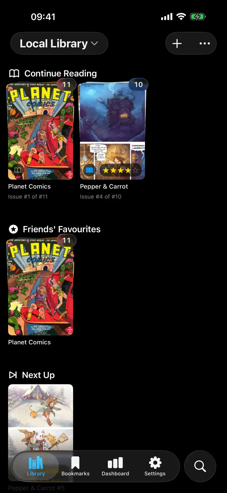 Custom shelves grouping books into user-defined collections.