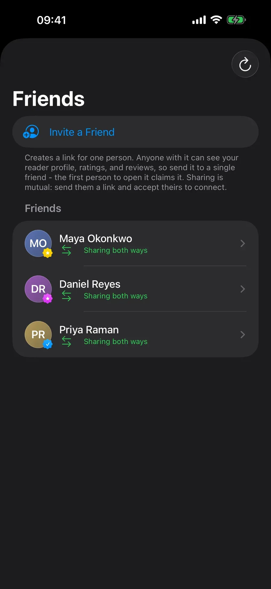 The Friends tab on iPhone, listing friends and what they are currently reading.