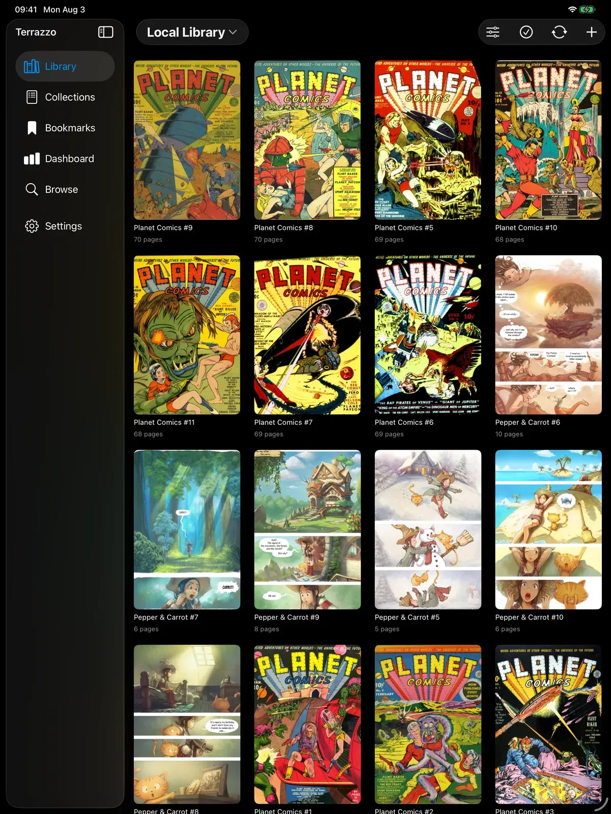 The same library running on iPad, in a wider multi-column grid.