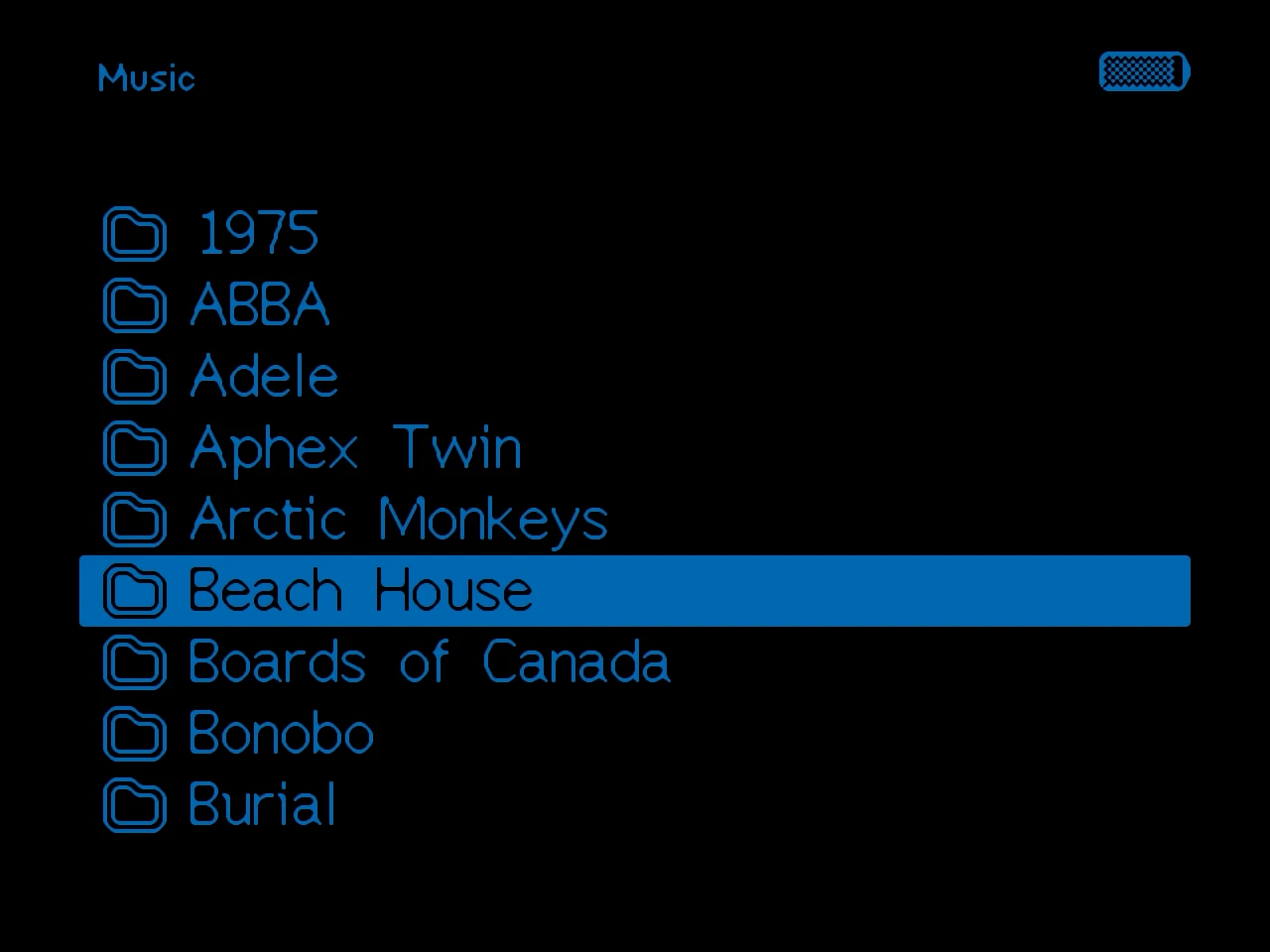 The Music folder, scrolled to Beach House, before opening the letter picker.