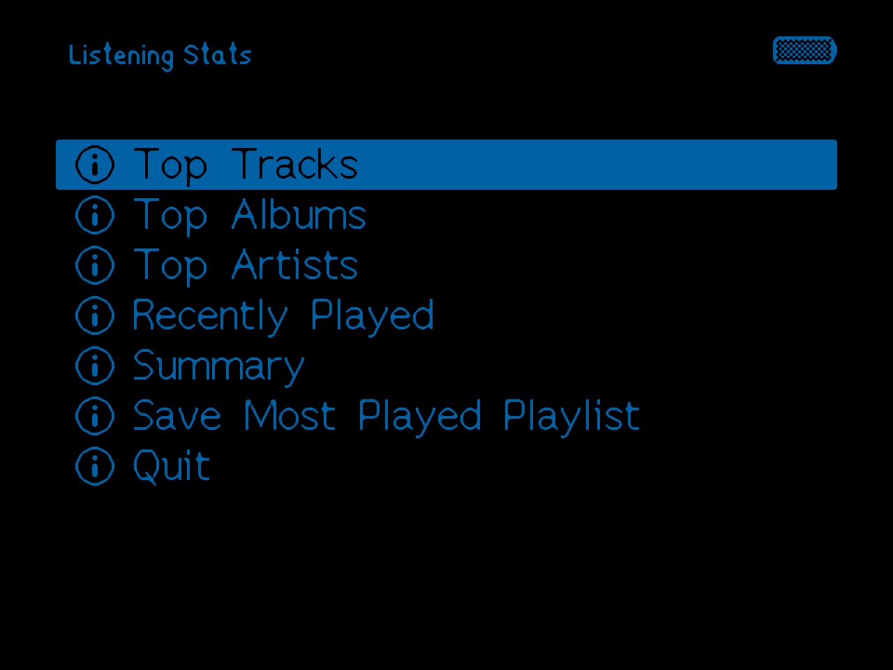 The Listening Stats menu: Top Tracks, Top Albums, Top Artists, Recently Played, Summary, Save Most Played Playlist and Quit.